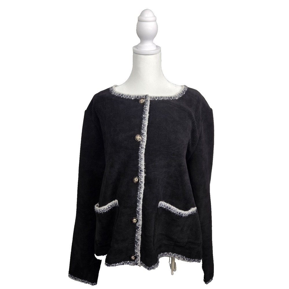 Torary Sweater womans black with gray stripe outline medium corduroy texture